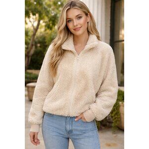 Abercrombie & Fitch XL Faux Fur Sherpa Fleece Zip-Up Jacket Beige